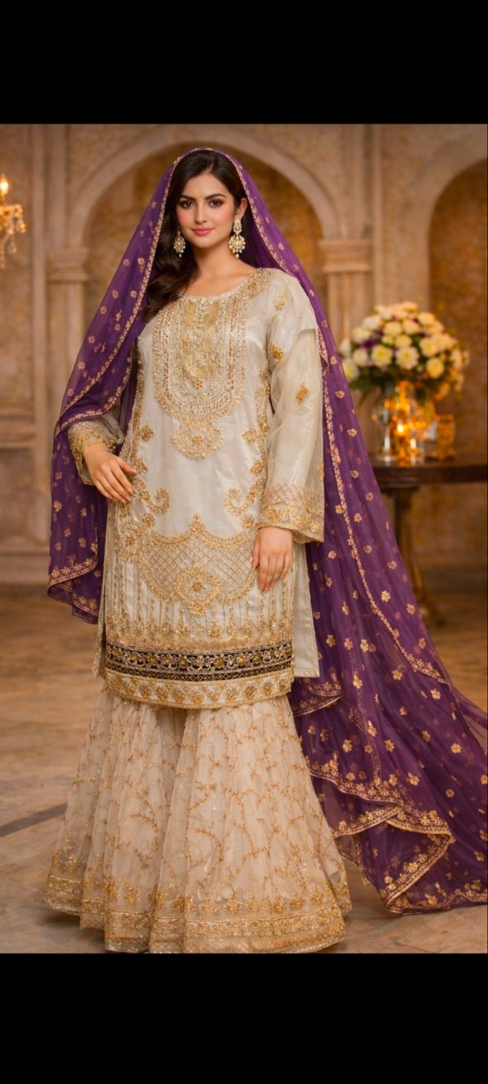 Royal Ivory Sharara – 3 Piece Fancy Suit
