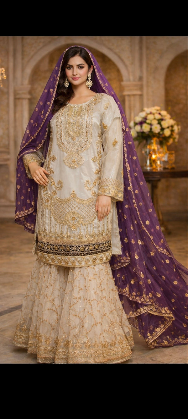 Royal Ivory Sharara – 3 Piece Fancy Suit