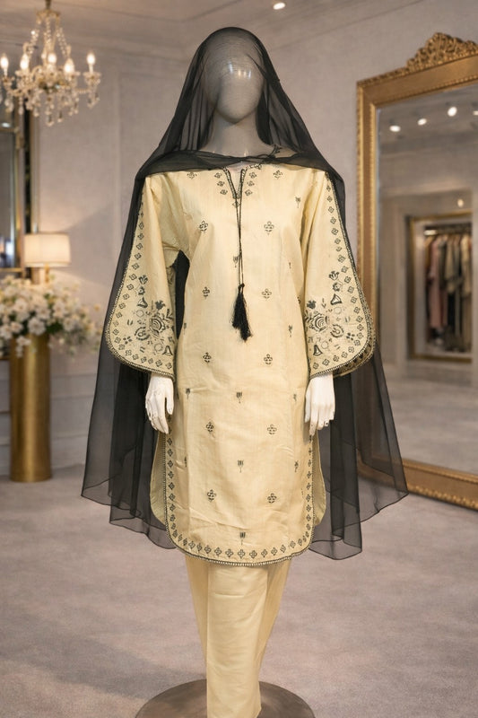 Women’s Embroidered Lawn Cotton 3 Piece Pakistani Suit with Chiffon Dupatta