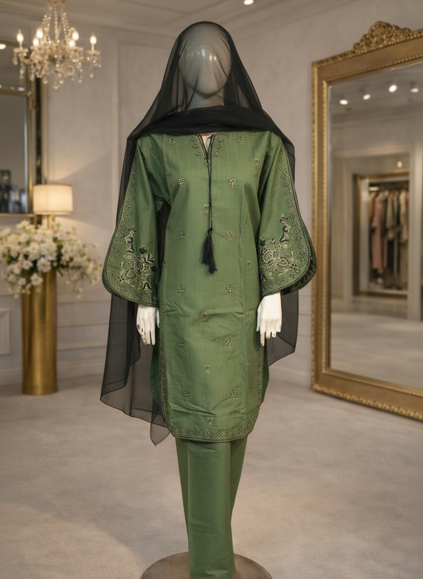 Women’s Embroidered Lawn Cotton 3 Piece Pakistani Suit with Chiffon Dupatta